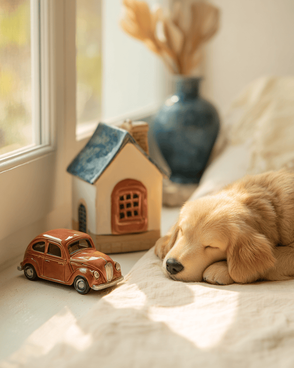 Family with their home, car, and pets — the things insurance helps protect